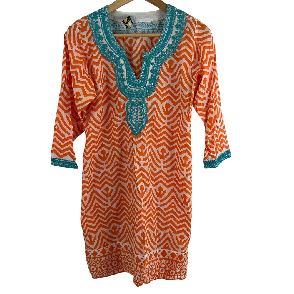 Bella Tu Tunic Dress Women 8 Orange Teal Embroidered Boho